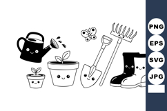 Cute gardening tools and plants with smiling faces watering Product Image 1
