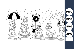 Cute animals standing in rain holding umbrellas with puddles Product Image 1