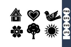 Black silhouette icons of house heart bird flower tree and s Product Image 1
