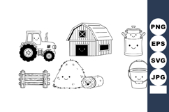 Cute black and white farm icons with tractor barn hay fence Product Image 1