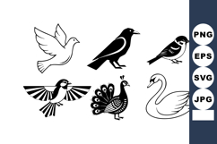 Collection of six black and white bird silhouettes with flyi Product Image 1