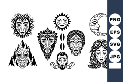 Abstract mystical faces with sun moon nature tribal symbols Product Image 1