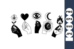 Black hand symbols holding flower heart eye moon and fire in Product Image 1