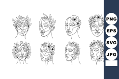 Abstract line art faces with floral elements and botanical d Product Image 1