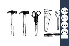 Hand-drawn vintage tools including hammer scissors saw Product Image 1