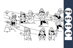 Children playing winter snow activities skiing skating and b Product Image 1