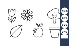 Simple black line art flower tree leaf apple and pot vector Product Image 1