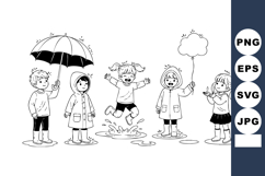 Children playing outdoors with umbrella raincoat and balloon Product Image 1