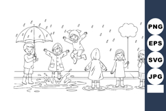 Children playing joyfully in rain with umbrella and raincoat Product Image 1