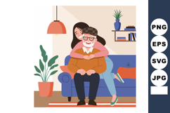 Elderly man with granddaughter hugging on blue sofa in cozy Product Image 1