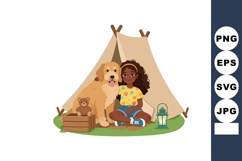 Girl Sitting Outside Tent Camping with Large Dog and Teddy B Product Image 1