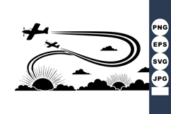 Silhouette Two Airplanes Flying Sunrise Clouds Vector Product Image 1