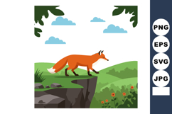 Fox walking on cliff edge in green landscape with blue sky a Product Image 1