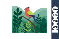 Colorful bird perched on branch with green foliage and hills Product Image 1