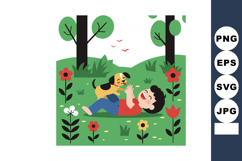 Child playing with small dog on green grass meadow with tree Product Image 1