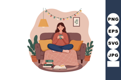 Woman sitting on couch drinking tea in cozy living room with Product Image 1