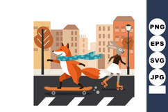 Fox skateboarding and rabbit roller skating urban city stree Product Image 1