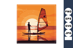 Windsurfer on calm water during orange sunset with reflectio Product Image 1