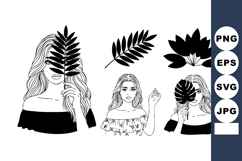 Women Holding Tropical Leaves Vector Illustration Black Whit Product Image 1