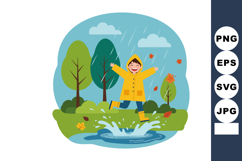 Child in yellow raincoat jumping in puddle during autumn rai Product Image 1