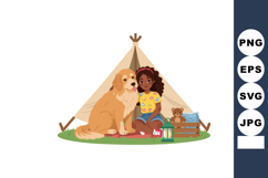 Girl Sitting with Golden Retriever Dog Outside Tent Camping Product Image 1