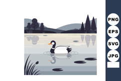 Duck floating on calm lake with trees and hills landscape ve Product Image 1