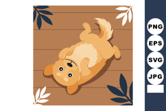 Cute golden dog lying on wooden floor with decorative leaves Product Image 1
