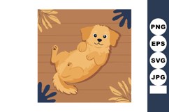 Cute fluffy dog lying on wooden floor with decorative leaves Product Image 1