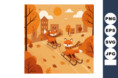 Foxes sledding in autumn park with orange leaves and city bu Product Image 1
