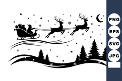 Santa Claus Sleigh Reindeer Flying Over Pine Forest Product Image 1