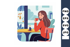 Woman enjoying coffee in cafe with large window and indoor p Product Image 1