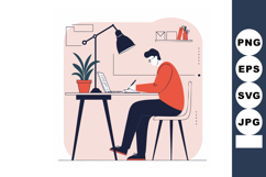Man working at desk with laptop and lamp in home office vect Product Image 1