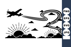 Airplane Silhouette Flying Above Sunrise Sunset Clouds Product Image 1