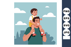 Father carrying son on shoulders outdoors with cityscape bac Product Image 1