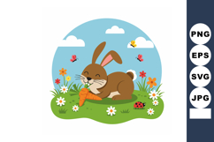 Cute brown rabbit eating carrot in colorful flower garden wi Product Image 1
