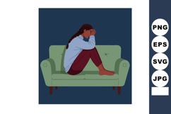 Woman sitting on green couch in blue sweater feeling sad and Product Image 1
