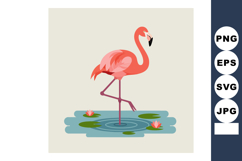 Flamingo standing on one leg in blue pond with pink flowers Product Image 1
