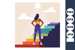 Woman standing at colorful stairs symbolizing growth and ach Product Image 1