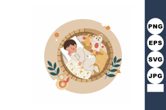 Sleeping baby surrounded by teddy bears and toys in cozy rou Product Image 1