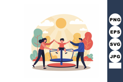 Family playing with child on roundabout playground equipment Product Image 1