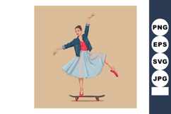 Woman in blue skirt and red shoes dancing on skateboard vect Product Image 1