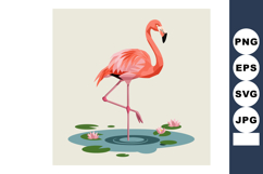 Pink flamingo standing on one leg in pond with water lilies Product Image 1
