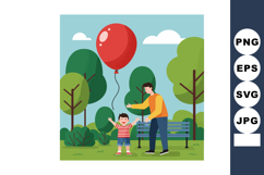 Child and Father Playing with Red Balloon in Green Park Land Product Image 1