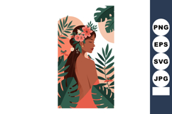 Woman with tropical flowers and leaves in vibrant nature ill Product Image 1