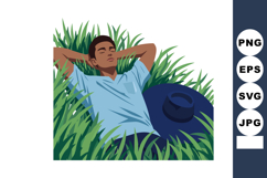 Young man relaxing in grass with blue shirt and hat enjoying Product Image 1