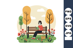 Woman sitting on park bench reading book in autumn garden wi Product Image 1