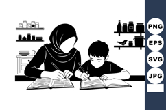Mother and Son Studying in Kitchen Illustration Product Image 1