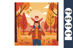 Father carrying happy child on shoulders in autumn forest wi Product Image 1