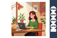 Woman working on laptop in cozy home office with green plant Product Image 1