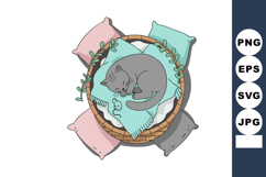 Sleeping gray cat curled on blue pillow in cozy basket with Product Image 1